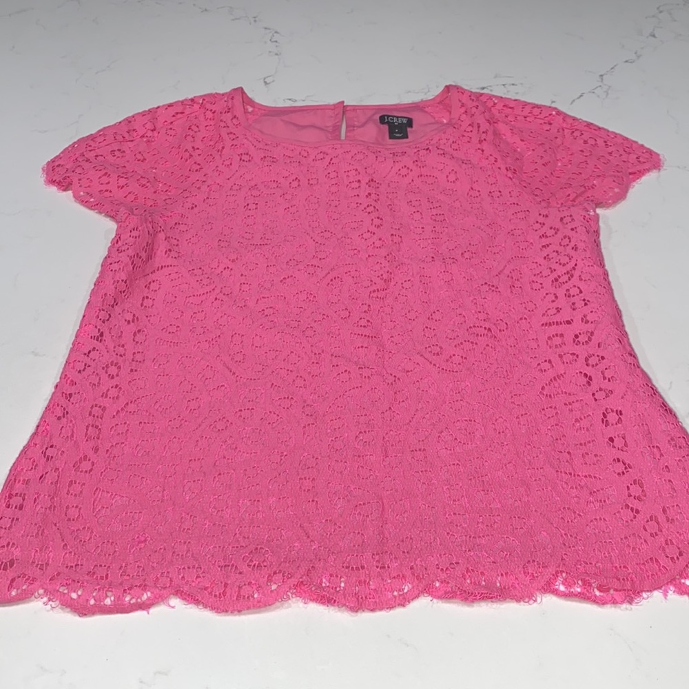 J. Crew Pink Eyelet Lace Overlay Blouse Short Sleeve Womens size 2